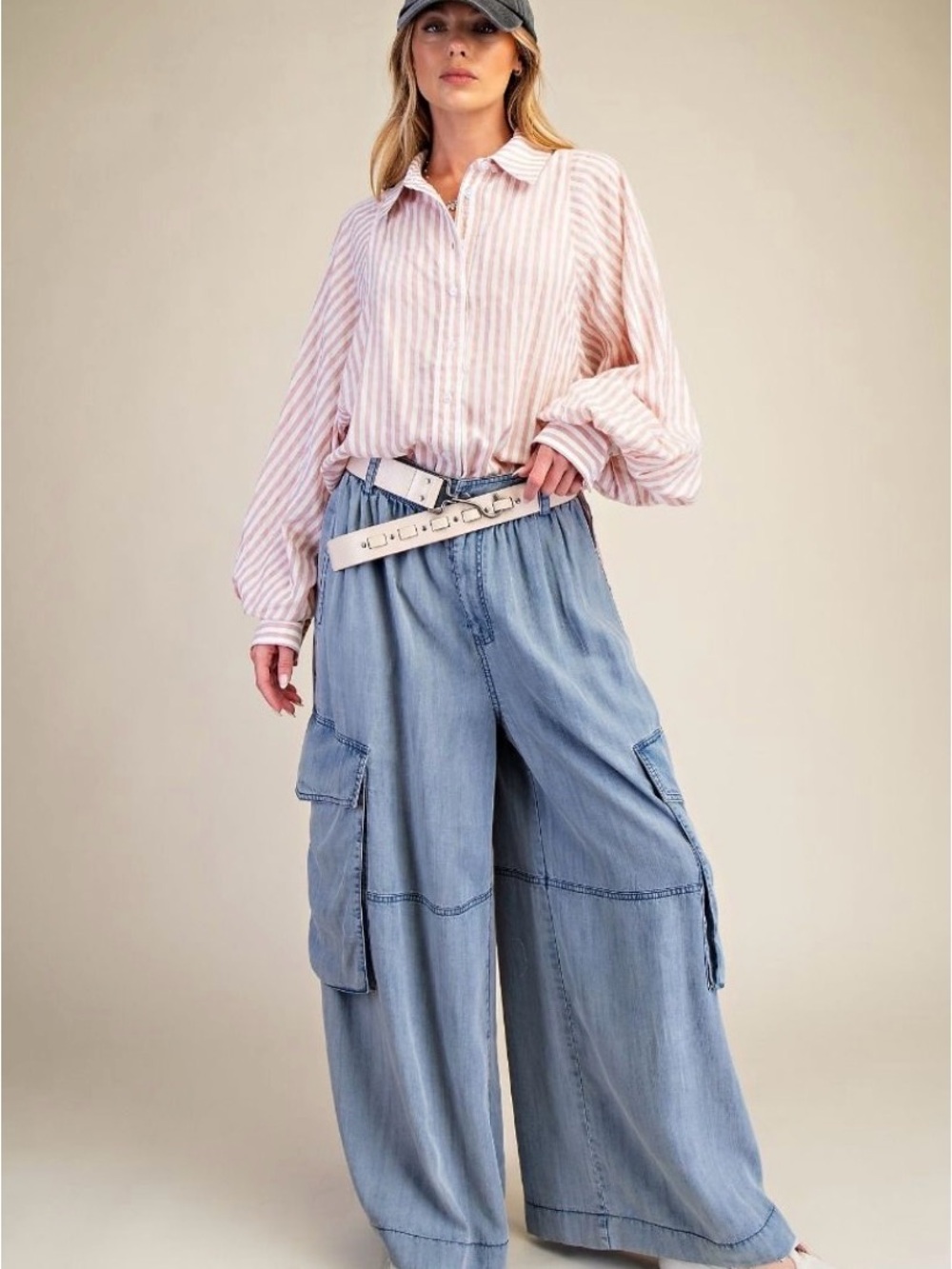 easel Light Blue Wide-Leg Cargo Jeans WASHED CHAMBRAY CARGO PANTS